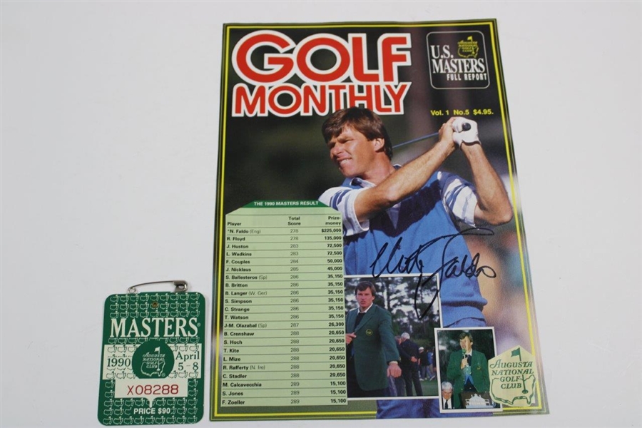 Nick Faldo Signed Golf Monthly Magazine w/1990 Masters SERIES Badge #X08288 JSA ALOA