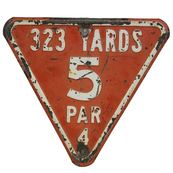 Vintage Metal 323 Yards Hole No. 5 Par 4 Red Tee Triangular Sign