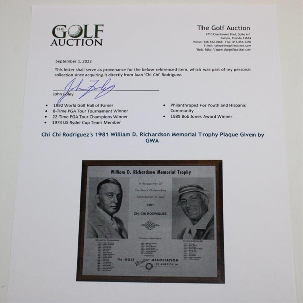 Chi Chi Rodriguez's 1981 William D. Richardson Memorial Trophy Plaque Given by GWA