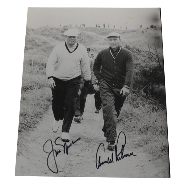 Arnold Palmer & Jack Nicklaus Signed 1965 Open Championship B&W Walking Photo JSA ALOA