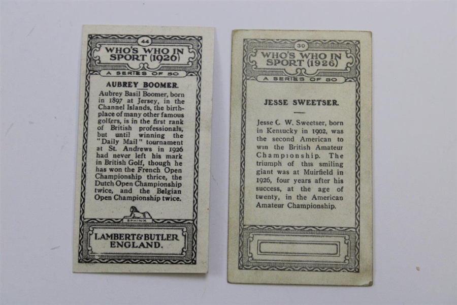 Two (2) 1926 A. Boomer & J. Sweetser Who's Who in Sport Tobacco Golf Cards