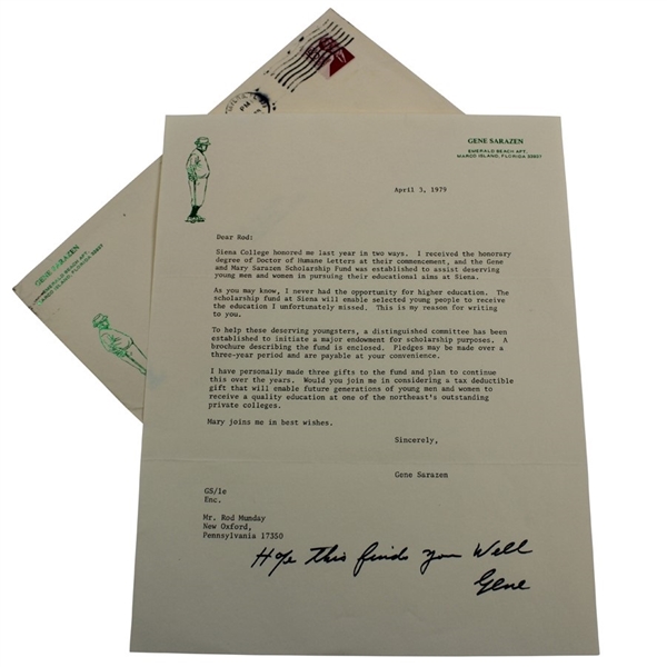 Gene Sarazen Signed Personal Letterhead to Rod Munday w/ Honorary Degree Content - 1979 JSA ALOA