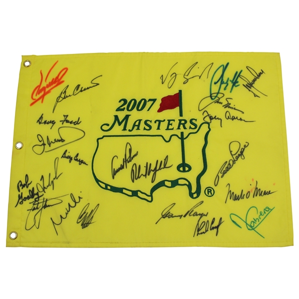 Big 3 Palmer, Nicklaus & Player w/19 others Signed 2007 Masters Embroidered Flag JSA ALOA