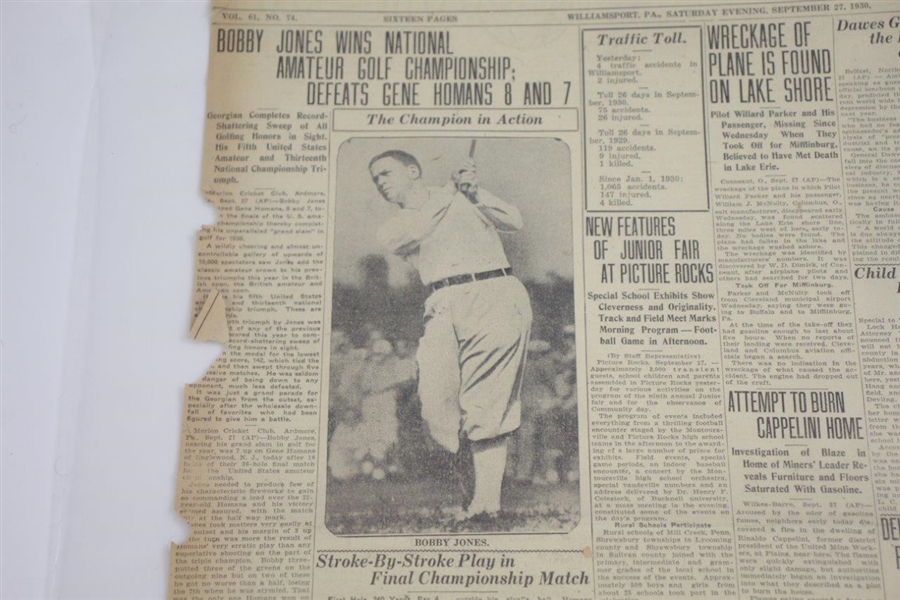 1930 'Bobby Jones Wins Amateur' Williamsport Sun Newspaper Page - Sept. 27, 1930