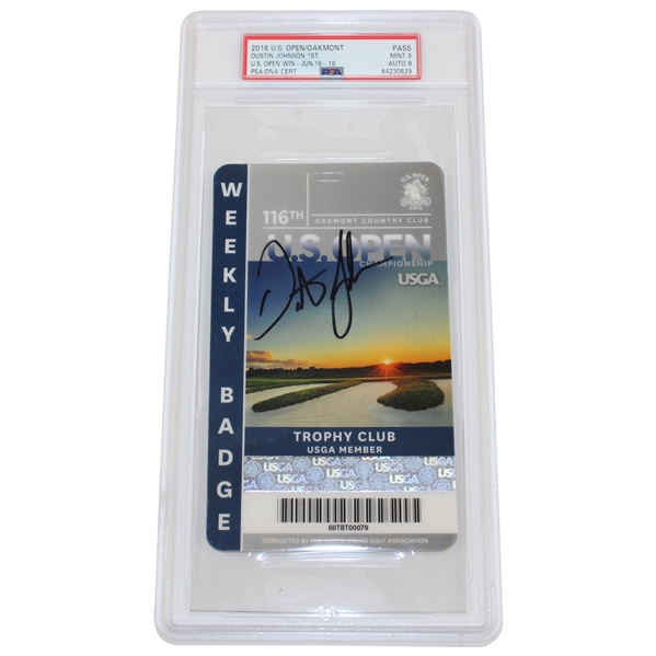 Dustin Johnson Signed 2016 US Open Series Badge MINT 9 Auto 8 PSA/DNA 64230629