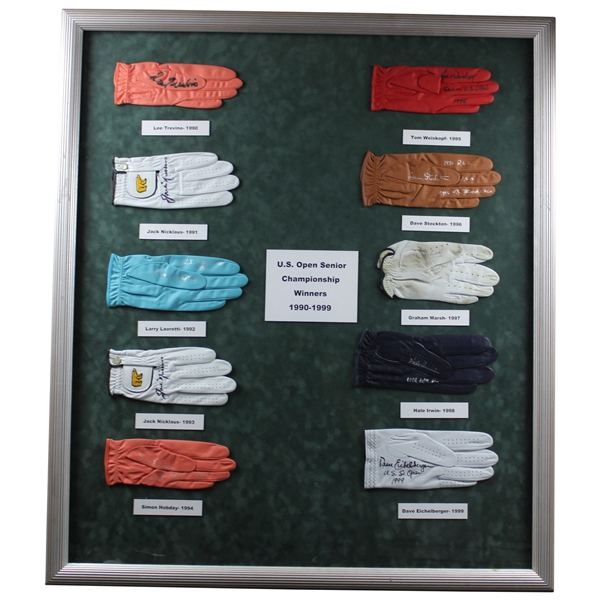Ten (10) Signed Golf Gloves Display - 1990-1999 US Sr. Open Championship Winners - Framed JSA ALOA