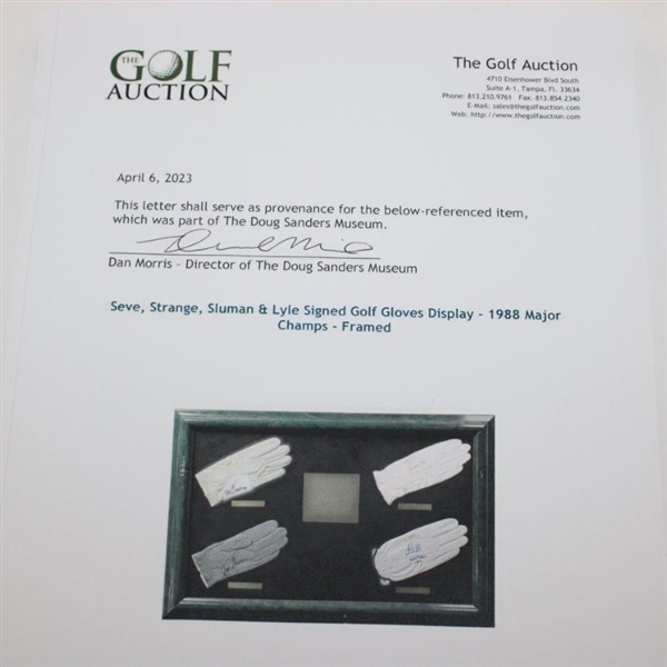 Seve, Strange, Sluman & Lyle Signed Golf Gloves Display - 1988 Major Champs - Framed JSA ALOA
