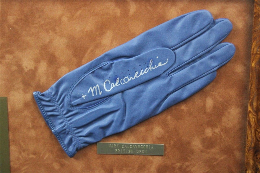 Stewart, Calcavecchia, Faldo & Strange Signed Golf Gloves Display - 1989 Major Champs - Framed JSA ALOA
