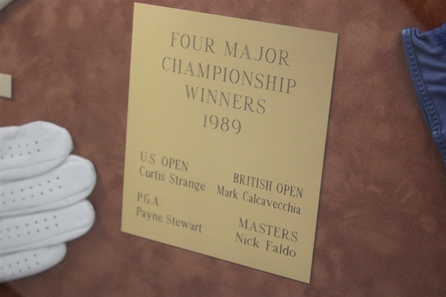 Stewart, Calcavecchia, Faldo & Strange Signed Golf Gloves Display - 1989 Major Champs - Framed JSA ALOA