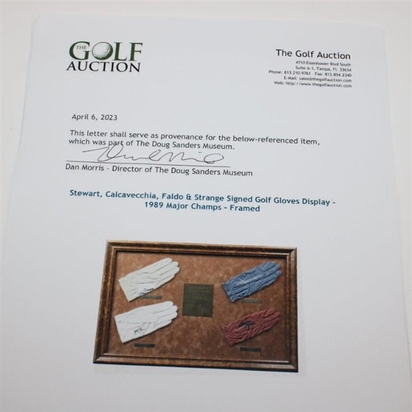 Stewart, Calcavecchia, Faldo & Strange Signed Golf Gloves Display - 1989 Major Champs - Framed JSA ALOA