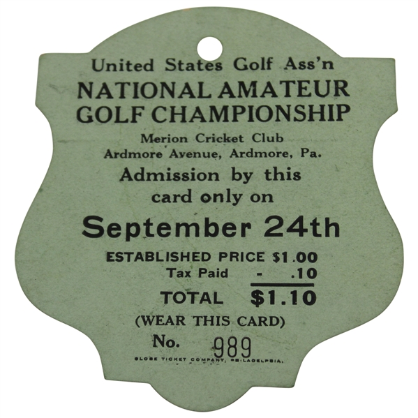 1924 US Amateur at Merion Golf Club Ticket #989 - Bobby Jones' First Amateur Win
