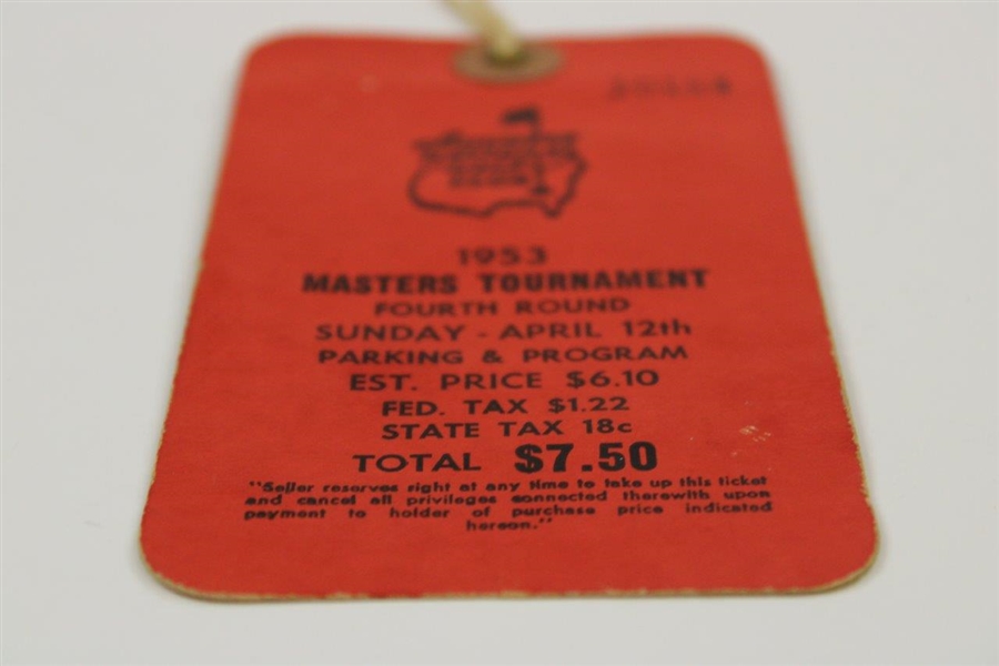 1953 Masters Tournament Sunday Final Rd Ticket #10184 w/Original String - Ben Hogan Winner