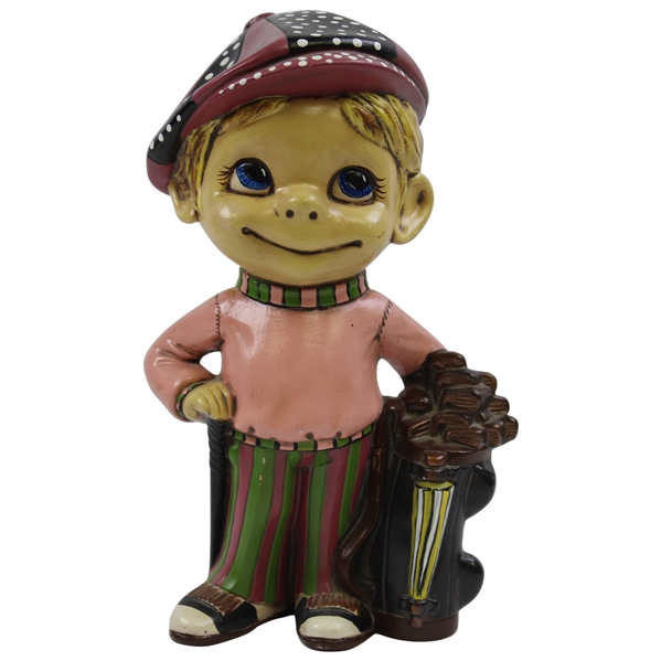 Classic 1971 Hand Painted Atlantic Mold Co. Smiling Ceramic Golfer Statue w/Clubs