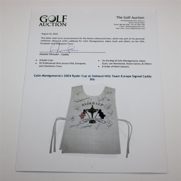 Colin Montgomerie's 2004 Ryder Cup at Oakland Hills Team Europe Signed Caddy Bib JSA ALOA