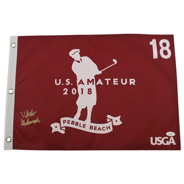 Viktor Hovland Signed 2018 US Amateur at Pebble Reach Red Screen Flag JSA #DD51565