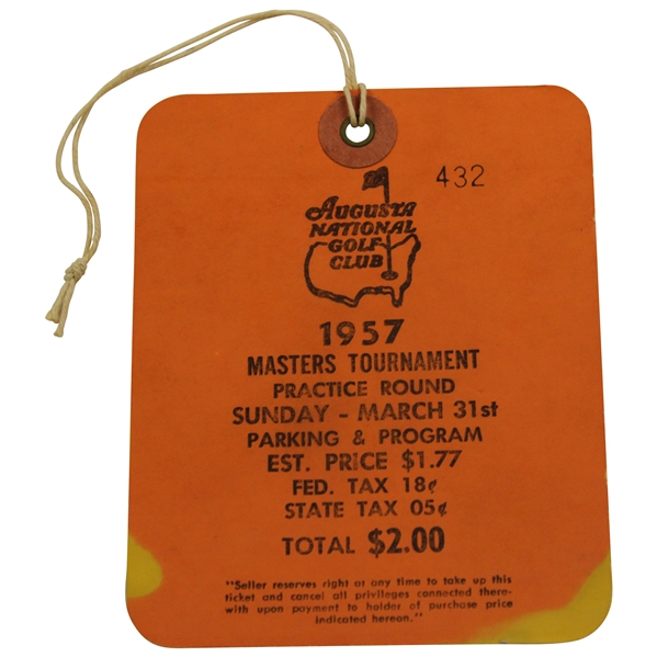 1957 Masters Tournament Sunday Practice Round Ticket #432 - Doug Ford Winner