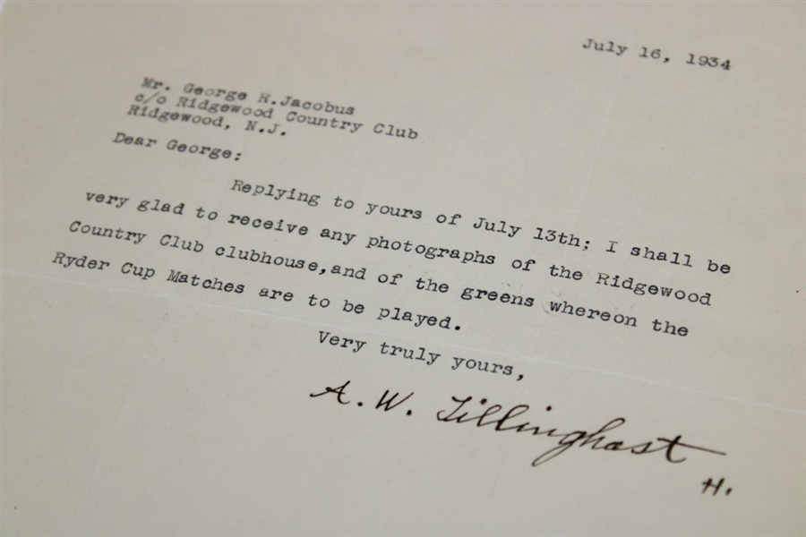 A.W. Tillinghast Signed 1934 Typed Letter to George R. Jacobus on Golf Illustrated Letterhead 7/16 JSA ALOA