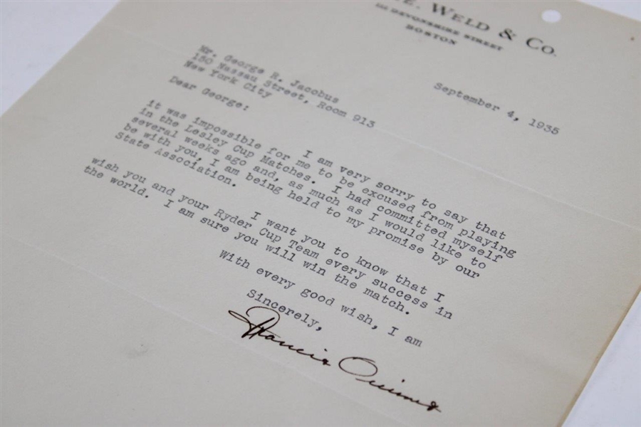 Francis Ouimet Signed 1935 Typed Letter to George R. Jacobus on White, Weld & Co Letterhead 9/4 JSA ALOA