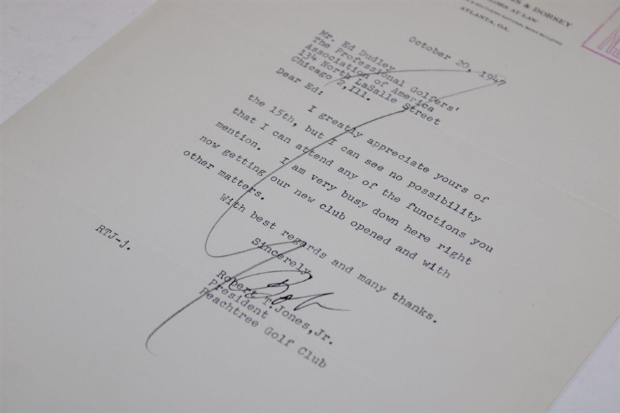 Bobby Jones Signed 1947 Typed Letter to Ed Dudley on Jones, Williams & Dorsey Letterhead 10/20 JSA ALOA