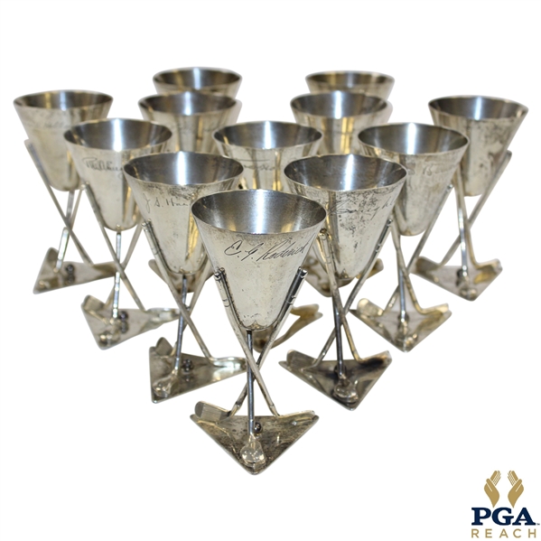 Twelve (12) Sterling Silver Three Crossed Clubs with Golf Ball Triangular Cups
