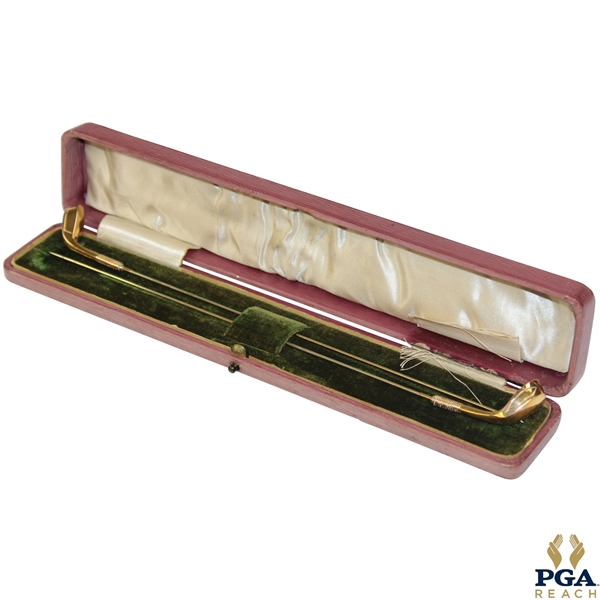 Pair of Gold Tone Long Golf Club Pins in Original Box