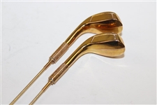 Pair of Gold Tone Long Golf Club Pins in Original Box