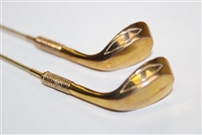 Pair of Gold Tone Long Golf Club Pins in Original Box