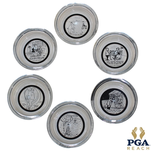 Six (6) Small Golf Themed Glass Ashtrays with Golf Cartoons 