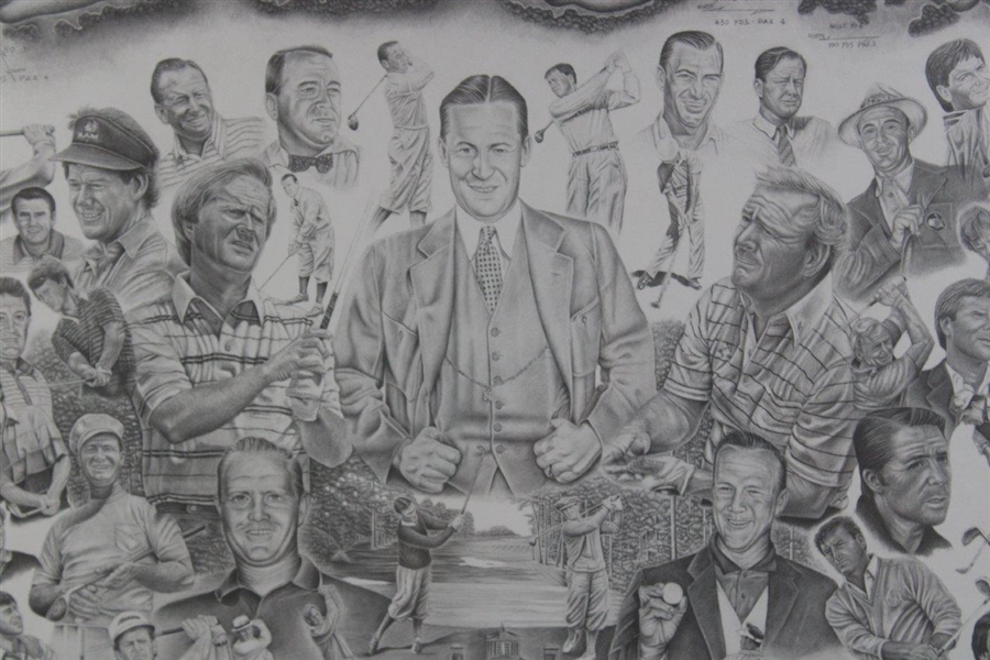 Masters Tournament Legends Collage with Hole Drawings Pencil Print Signed by Artist Michael Warren - Framed