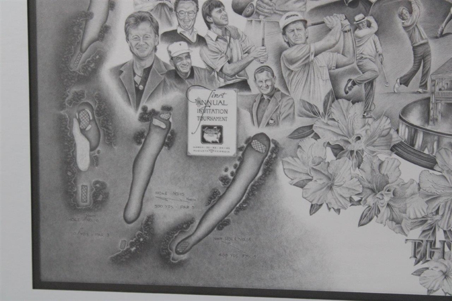 Masters Tournament Legends Collage with Hole Drawings Pencil Print Signed by Artist Michael Warren - Framed