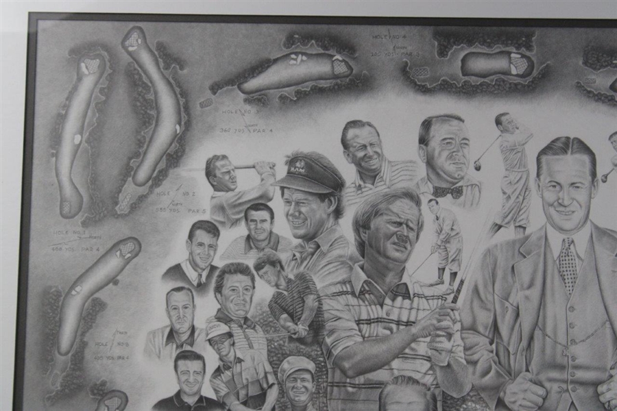 Masters Tournament Legends Collage with Hole Drawings Pencil Print Signed by Artist Michael Warren - Framed
