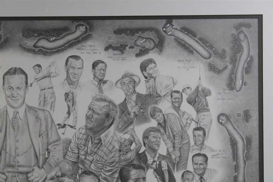 Masters Tournament Legends Collage with Hole Drawings Pencil Print Signed by Artist Michael Warren - Framed
