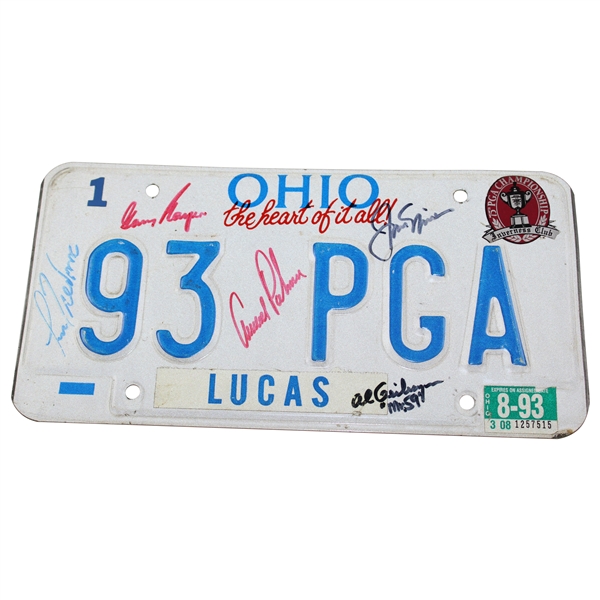 Big 3 Palmer, Nicklaus & Player Plus Trevino & Geiberger Signed 1993 PGA License Plate JSA ALOA