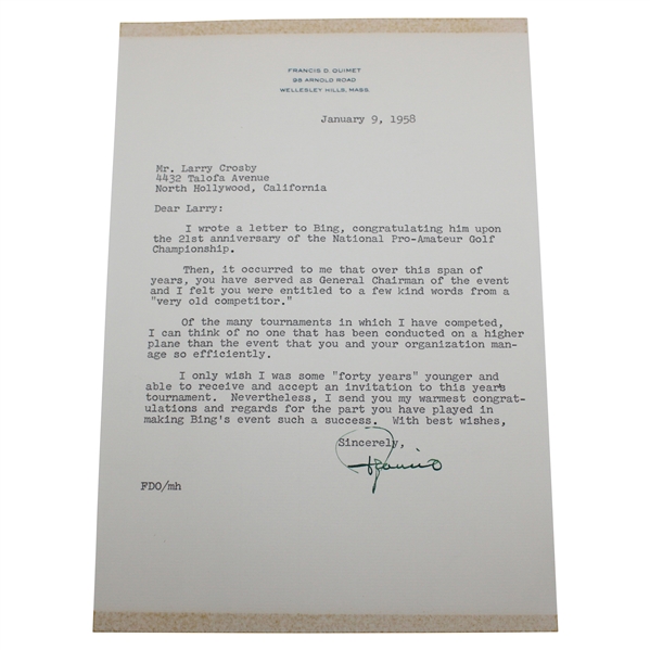 Francis Ouimet Signed 1957 Letter to Larry Crosby on Letterhead JSA ALOA