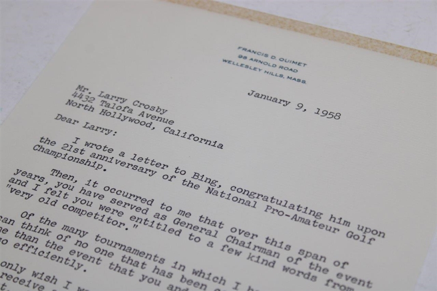 Francis Ouimet Signed 1957 Letter to Larry Crosby on Letterhead JSA ALOA