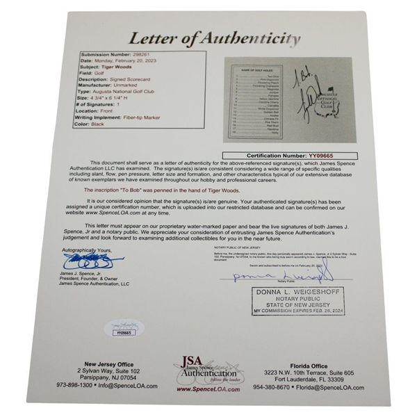 Tiger Woods Signed Augusta National Scorecard Full JSA# YY09665