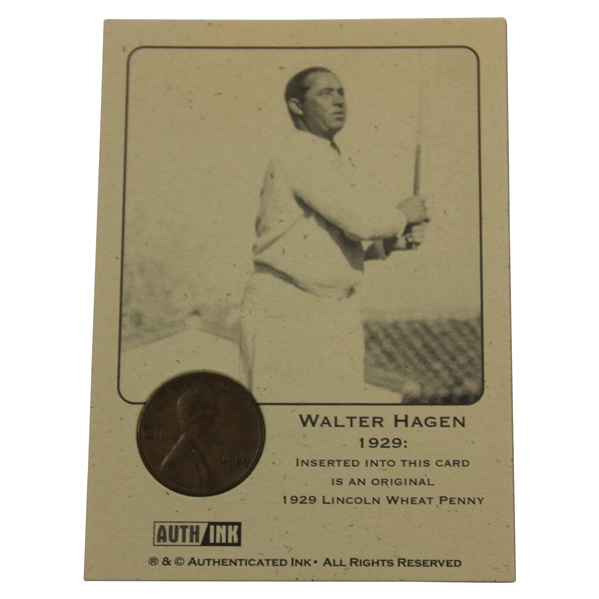 Walter Hagen 1929 Authenticated Ink Lincoln Wheat Penny Card