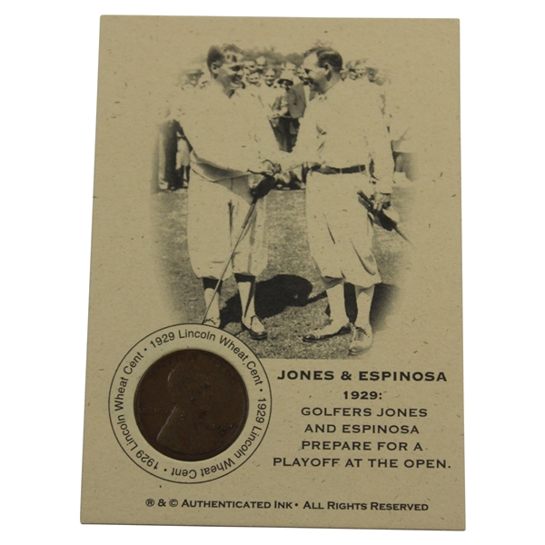 Bobby Jones 1929 Authenticated Ink Lincoln Wheat Penny Card