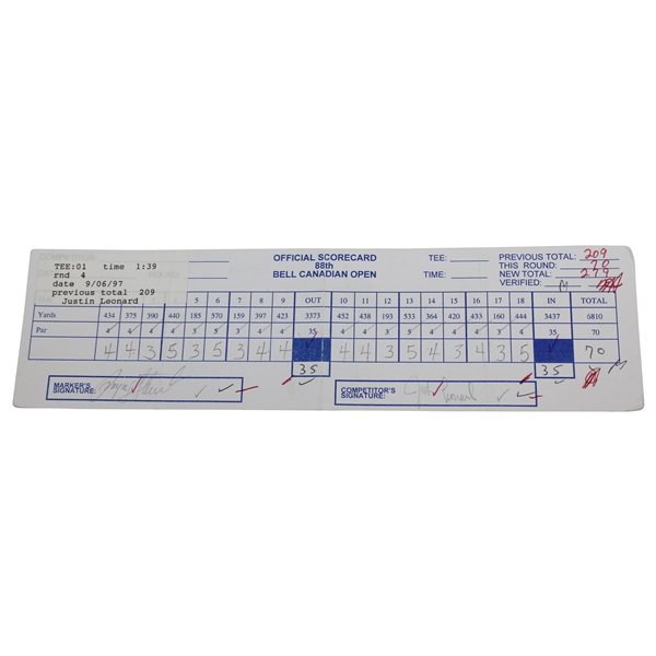 Payne Stewart & Justin Leonard Signed 1997 Bell Canadian Open Official Match Used Scorecard