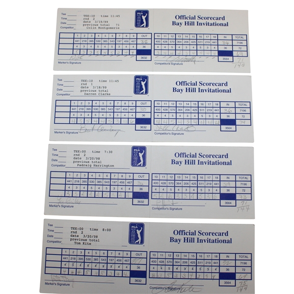 Montgomerie/Kite/Harrington & Clarke Signed 1998/1999 Match Used Bay Hill Inv. Scorecards