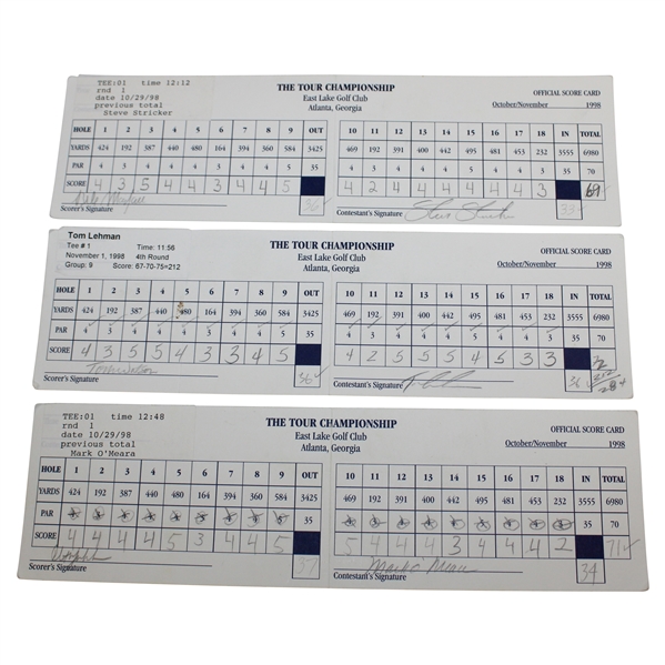 Mickelson/Watson/Stricker/OMeara/Lehman/Mayfair Signed 1998 Match Used Tour Championship Scorecards