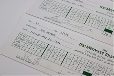 Sutton/Els/Love III/Simpson/Wadkins/Crenshaw Signed 1994 Match Used Memorial Tournament Scorecards