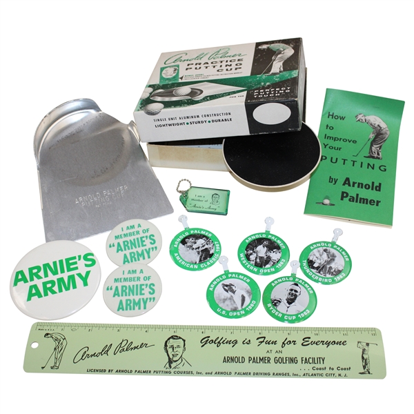 Lot of Arnold Palmer Arnie's Army Badges, Ruler, Keychain & Putting Cup