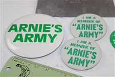 Lot of Arnold Palmer Arnie's Army Badges, Ruler, Keychain & Putting Cup