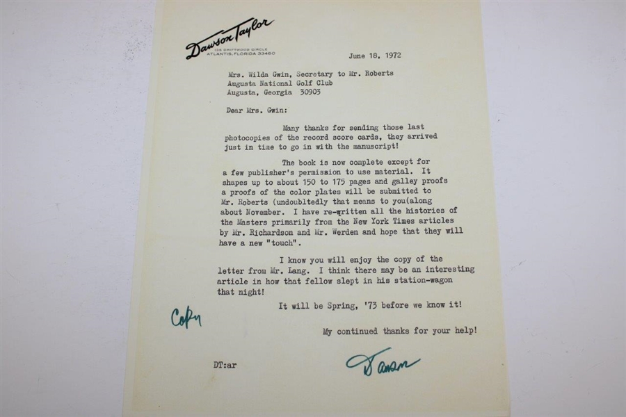 The Masters-Profile Of A Tournament' with Letter From Cliff Robert's Secretary