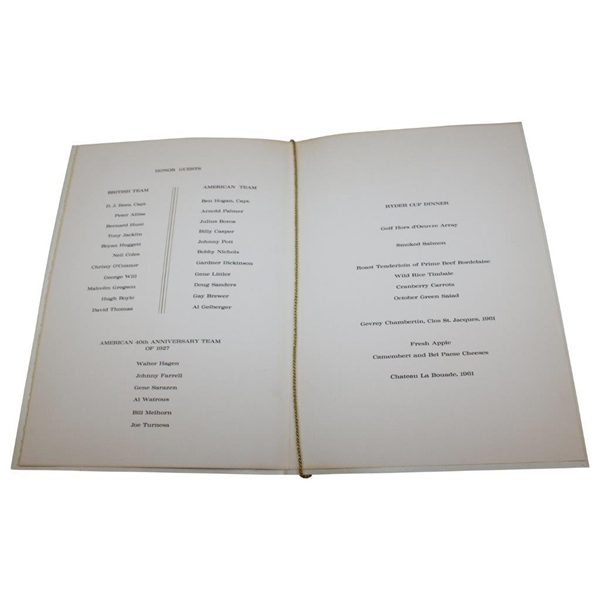 1967 The Ryder Cup at Champions Golf Club Dinner Menu
