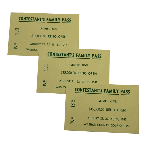 Three (3) 1947 Reno Open at Washoe County GC Contestant Family Passes #121-123