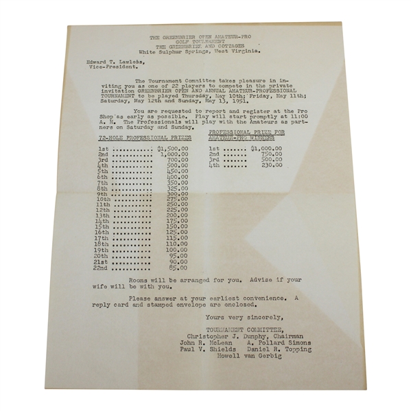 Ed Furgols 1951 Private Invitation to Play the Greenbrier Open & Annual Amateur -  May 10th-May 13th