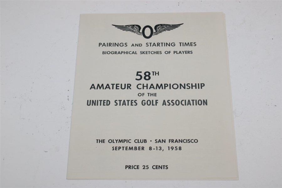 Two (2) 1958 US Amateur at Olympic Club Pairing Sheets & Weekly Daily Ticket - Nicklaus 2nd US Am Attempt