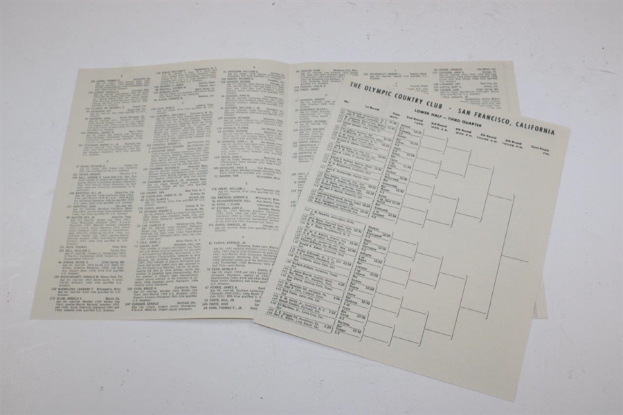 Two (2) 1958 US Amateur at Olympic Club Pairing Sheets & Weekly Daily Ticket - Nicklaus 2nd US Am Attempt